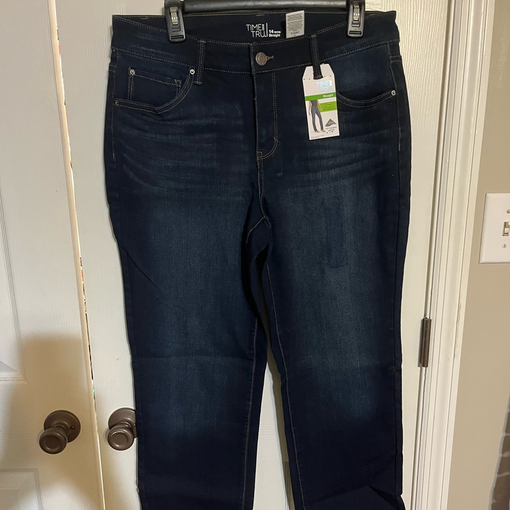 Dark wash jeans, size 14 petite straight leg